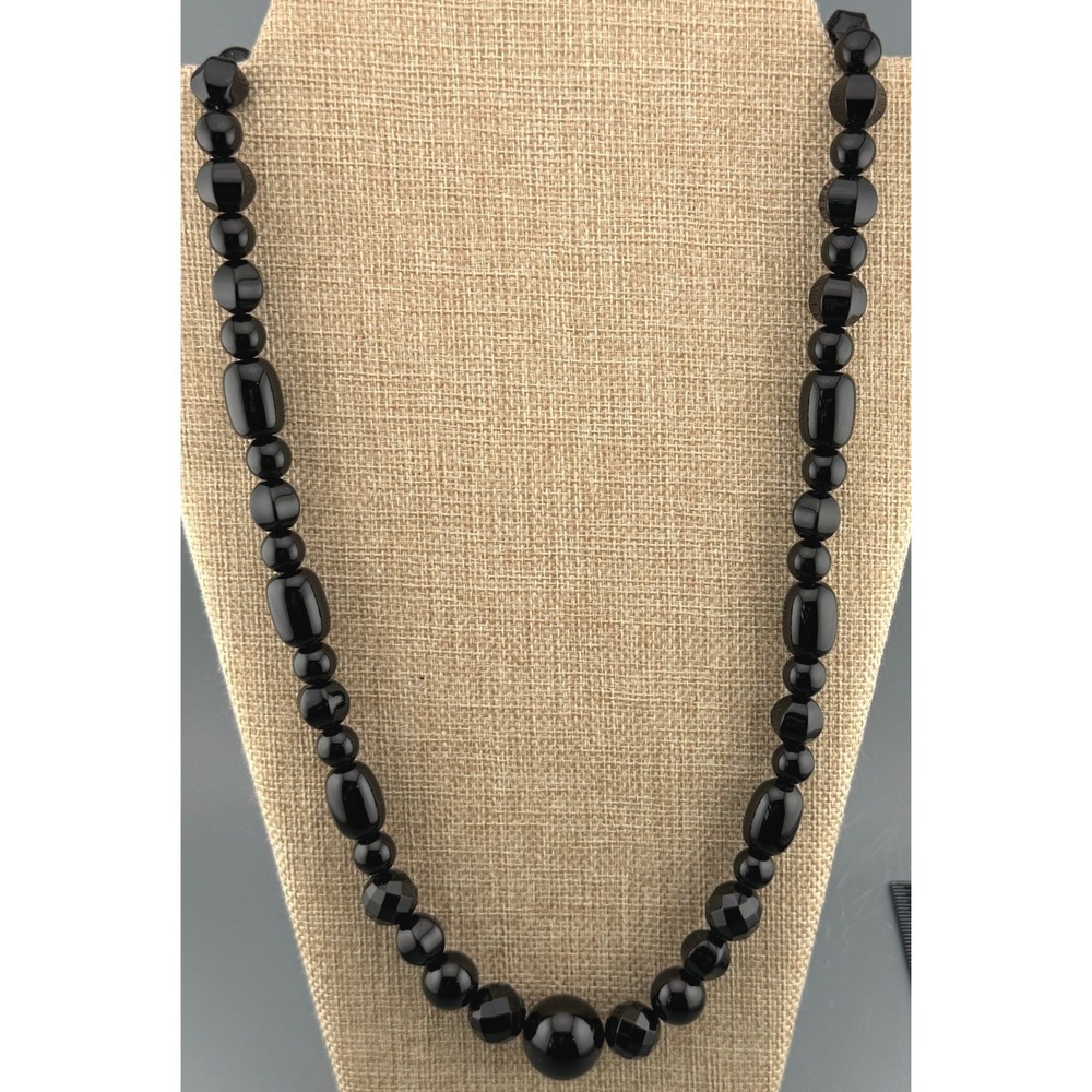 Vintage DTR Graduated Black Stone Quartz Bead Necklace Sterling Silver Clasp150g